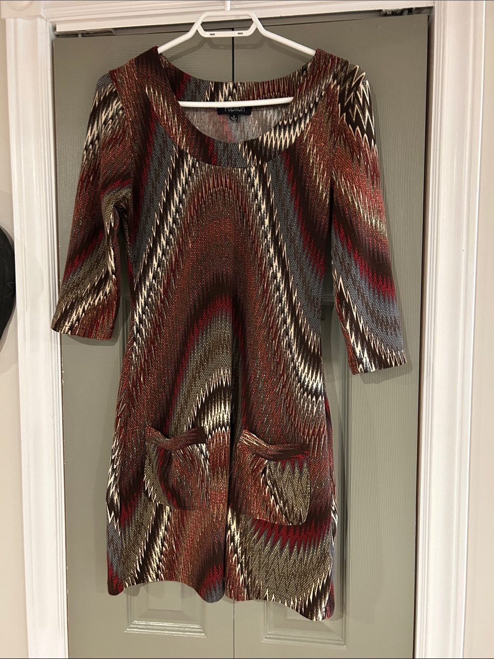Papillon 3/4-Sleeve Chevron Knit Dress in Brown, Red, Cream, Blue